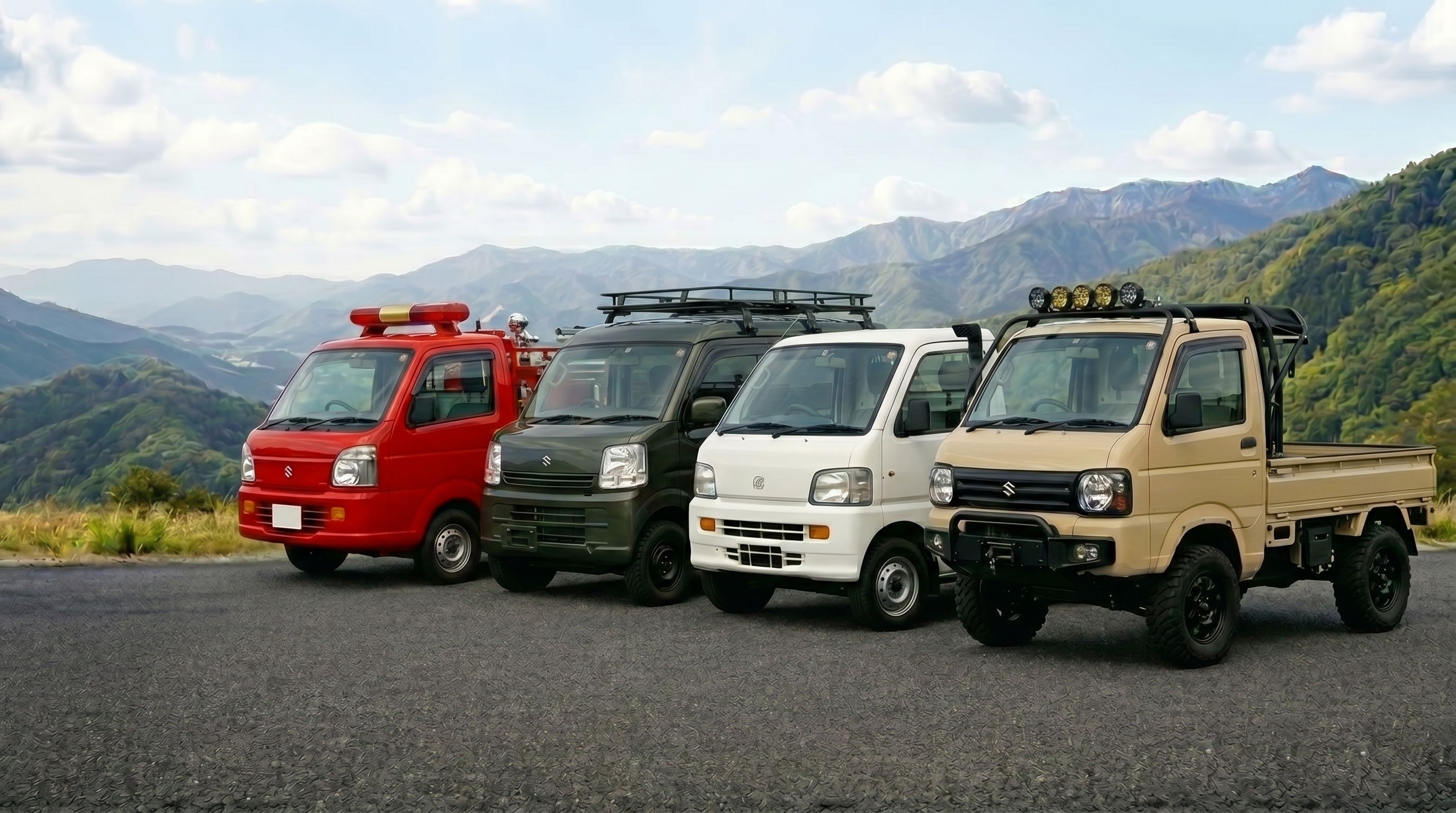 Kei trucks lined up against a mountain backdrop